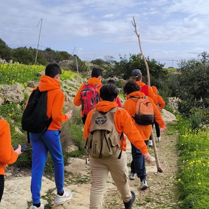 A group of trekkers hiking, surrounded by scenic views of nature.